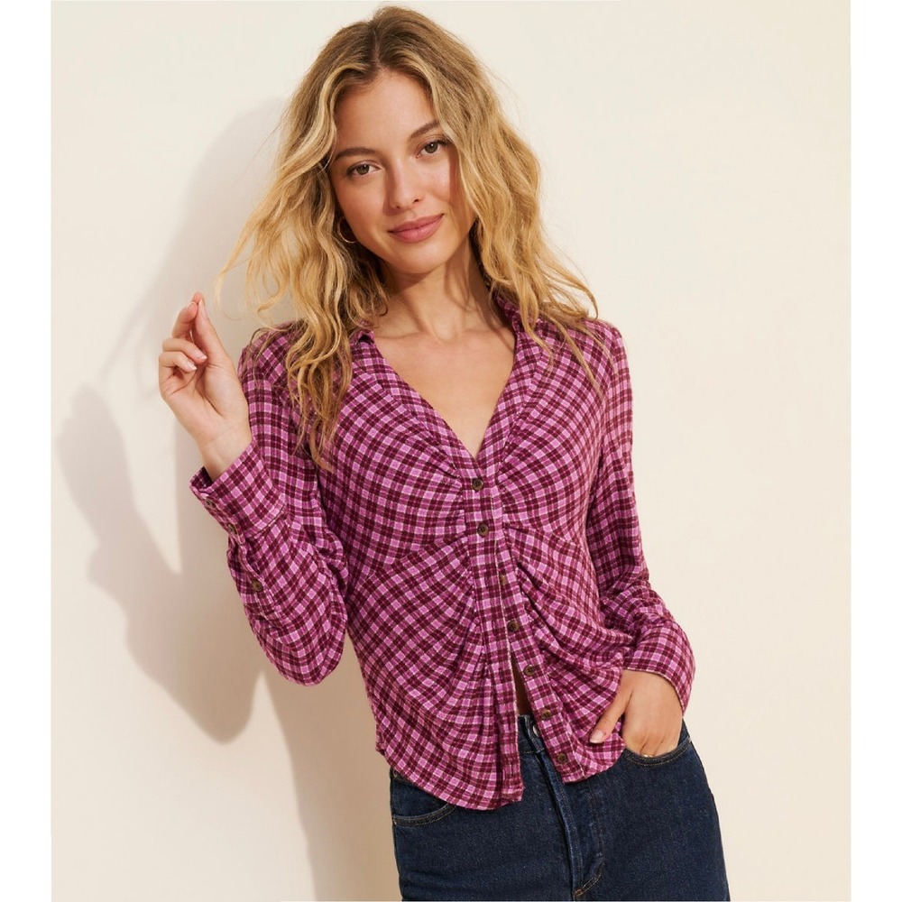 Pilcro Plaid Top Button Down Blouse M Burgundy Pink Ruched Shirt Grunge Flannel